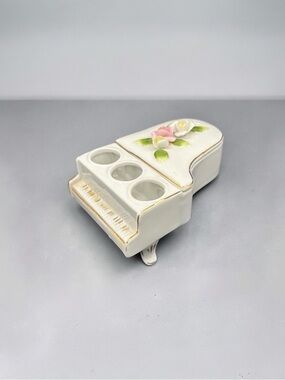 Vintage DeVilbiss Ceramic Floral Piano W/Gold Accents Candle Holder Trinket Box